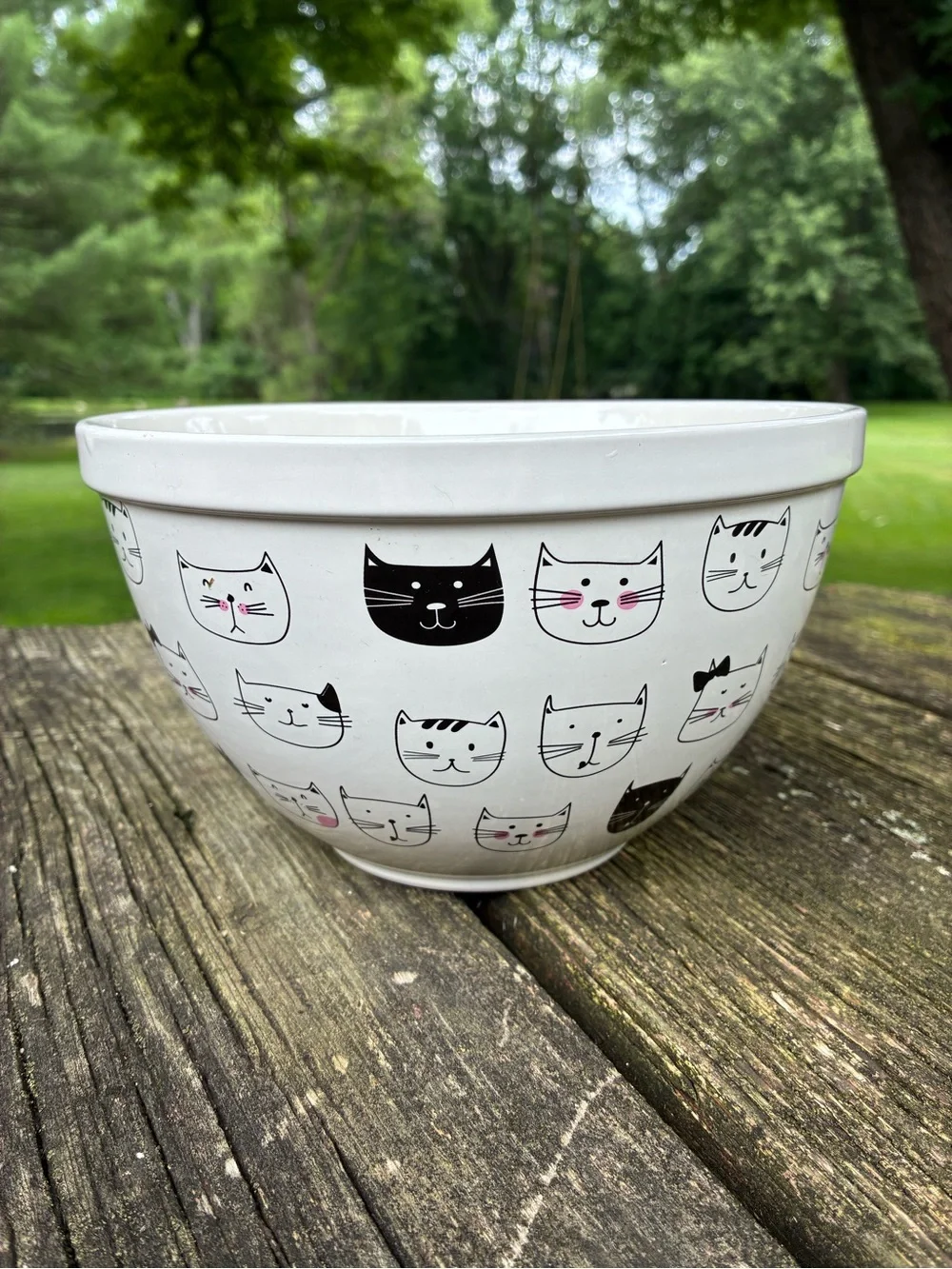 Cute Cat Pattern Ceramic Mixing Bowl - Cream with Black & Pink Accents